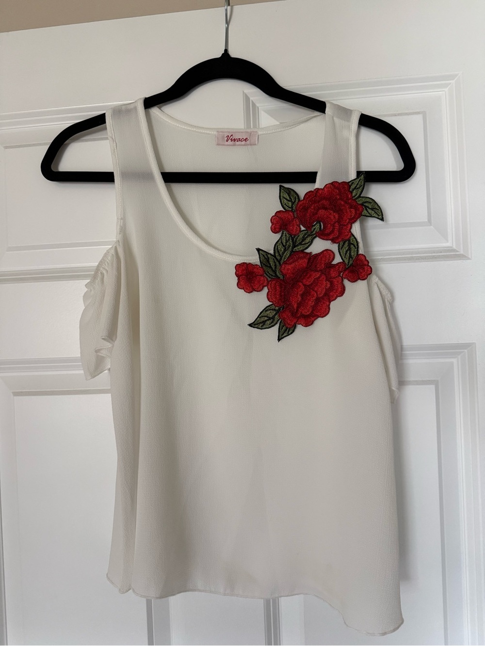 Vince White Cold-Shoulder Blouse with Red Floral Appliqué